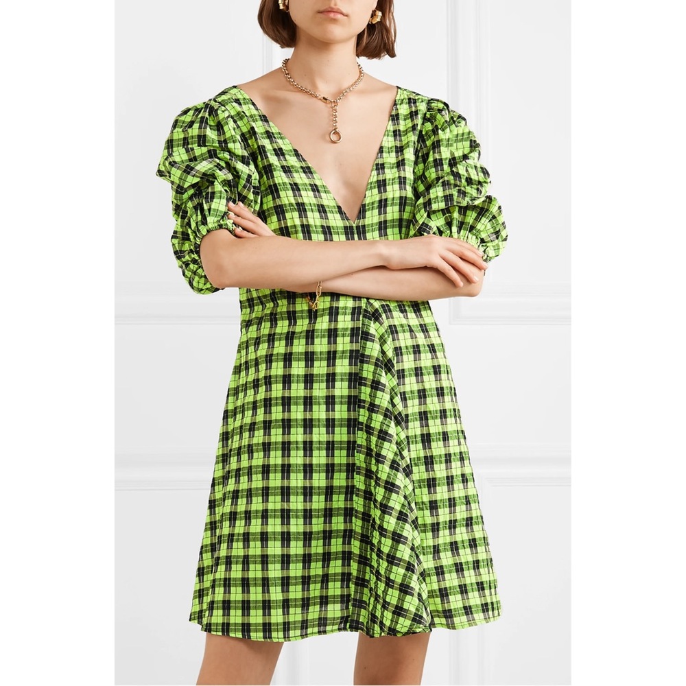 Ganni Neon Green Seersucker Check Dress